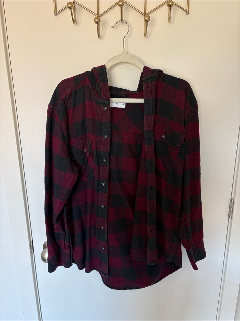 TNA Women's Hooded Flannel Shirt - Burgundy Black Plaid